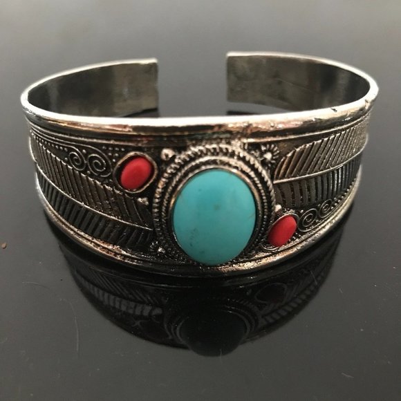 Turquoise Silver Cuff Bracelet Southwestern Coral Mens Mans Western Coral Red - Picture 4 of 8